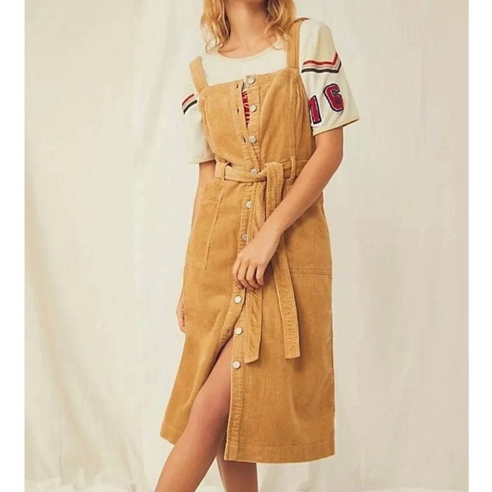 Free People x Levi's Corduroy Pinafore Midi Dress Button Front XL Belted Tan
